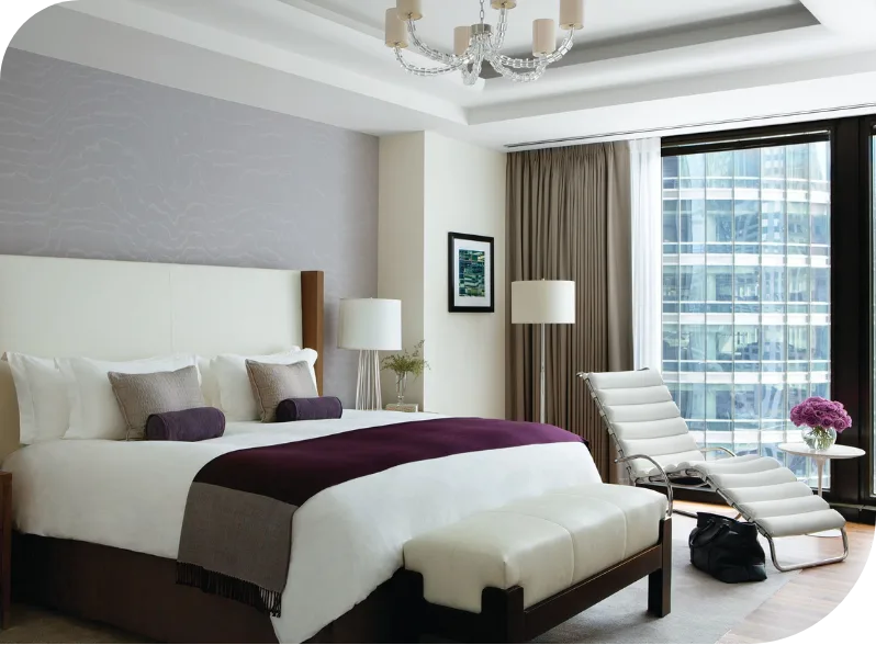 A luxury hotel room interior at The Langham Chicago styled for a brand experience agency hospitality campaign.