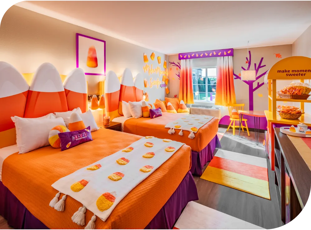 A hotel suite transformed into a candy corn themed room for a Brach’s brand experience in Chicago.